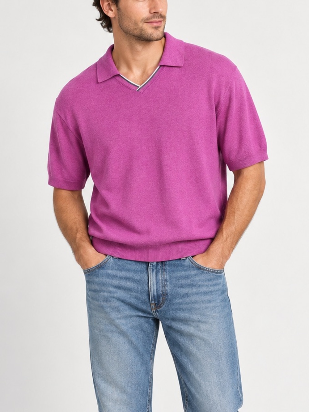 Paul Fredrick Men’s Pink Short Sleeve Knit Polo V Neck Pullover Sweater. Sz XLT